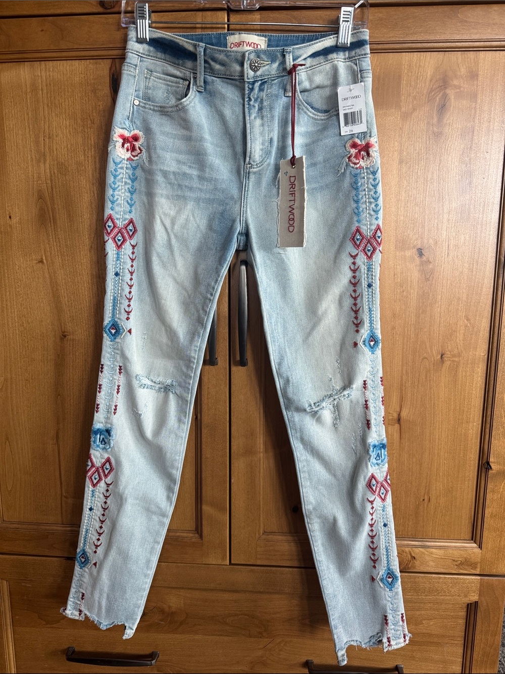 DRIFTWOOD Light Blue Skinny Jeans with Red & Blue Embroidery